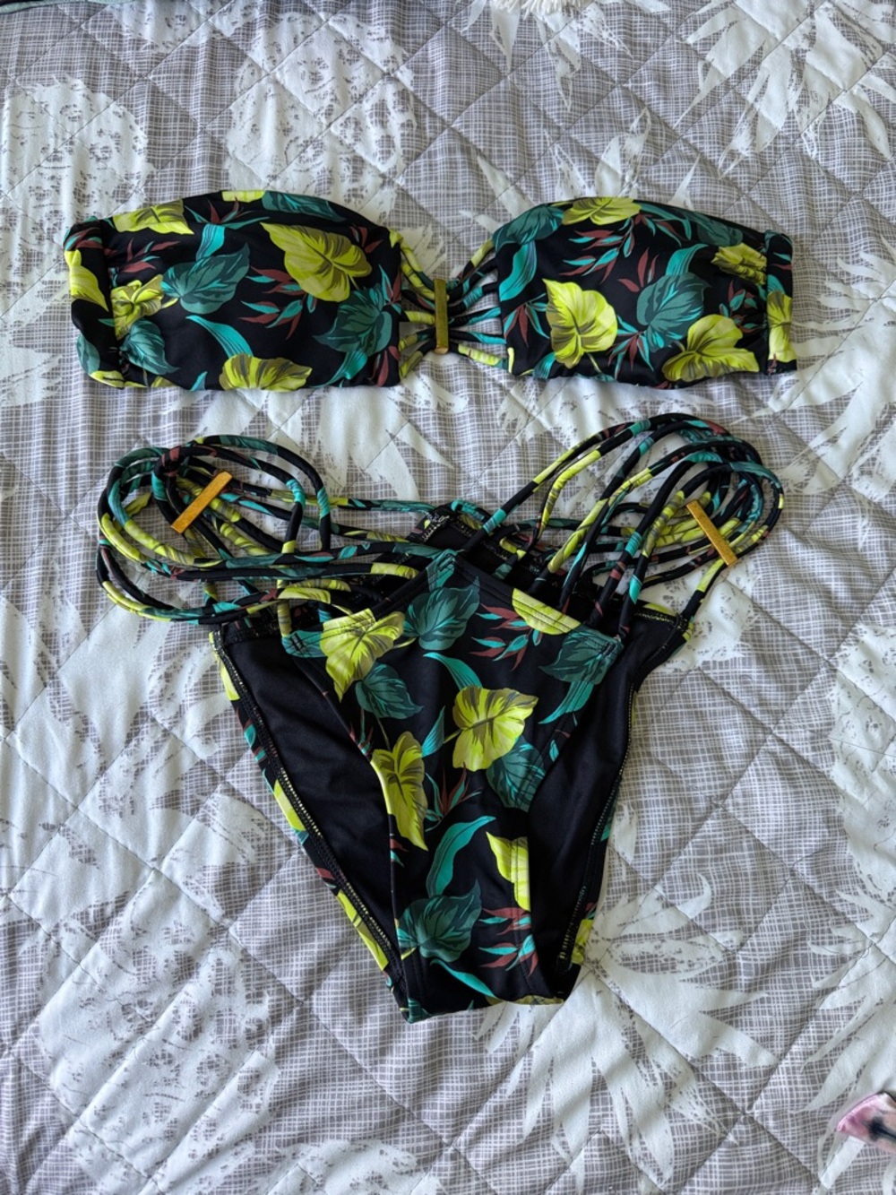 Victoria's Secret Black Tropical Bandeau Bikini with Yellow & Teal Leaves